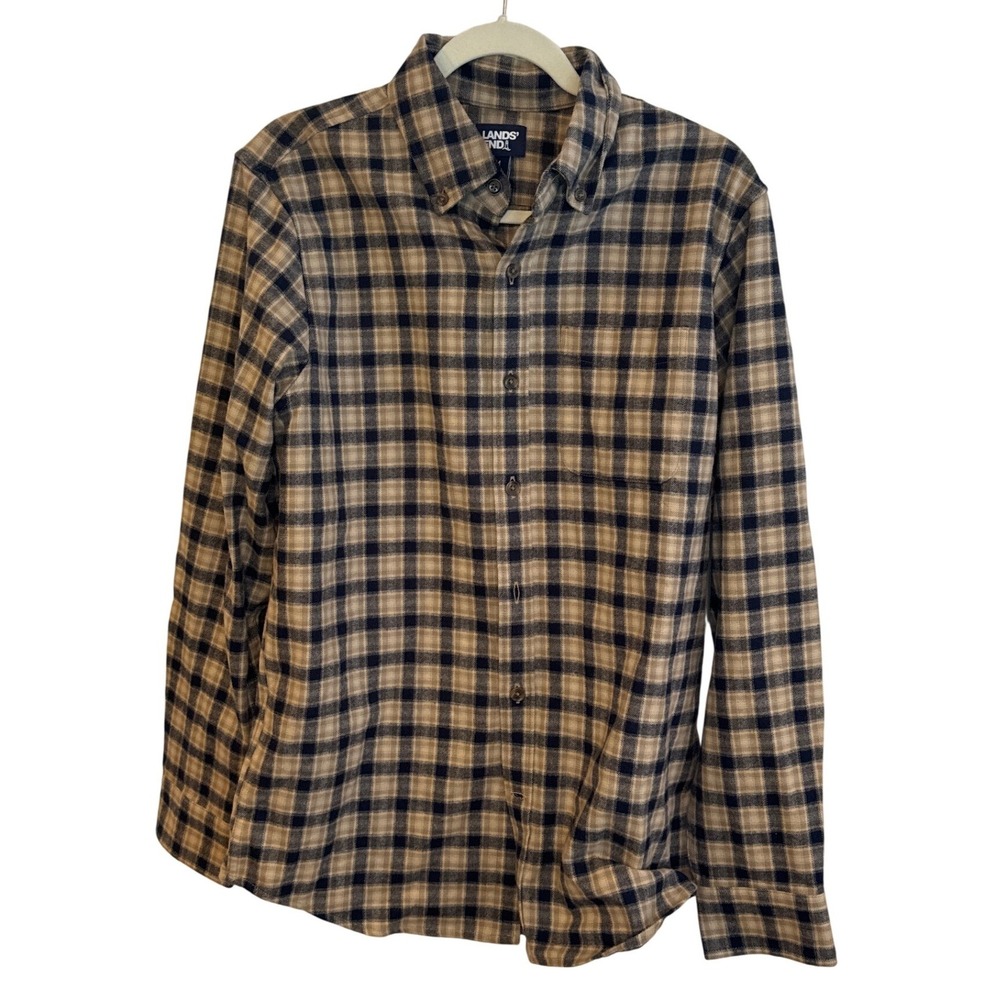 Lands End Mens Traditional Fit‎ Flannel Shirt Tan Navy Blue Plaid Size M 38-40